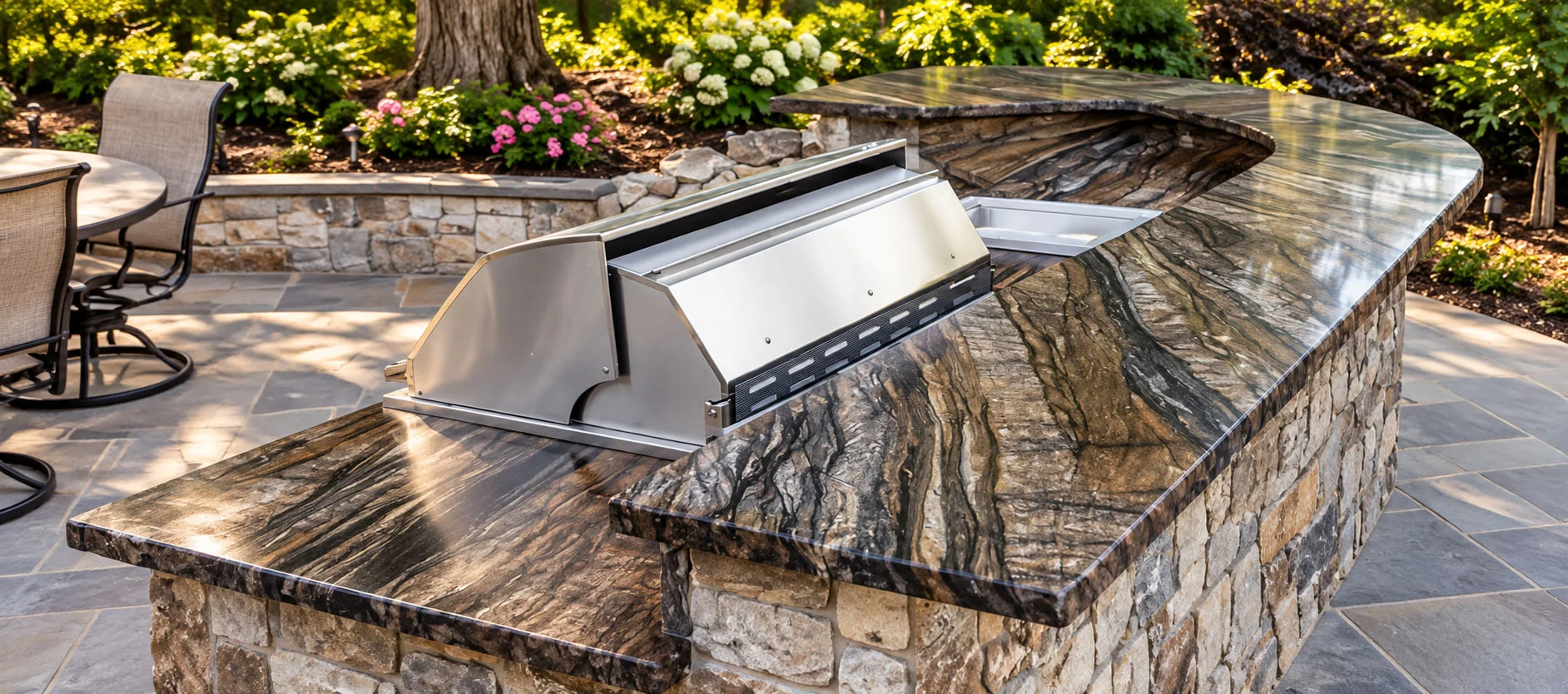 Our Process Luxury outdoor kitchen with light stone countertops beside an infinity swimming pool