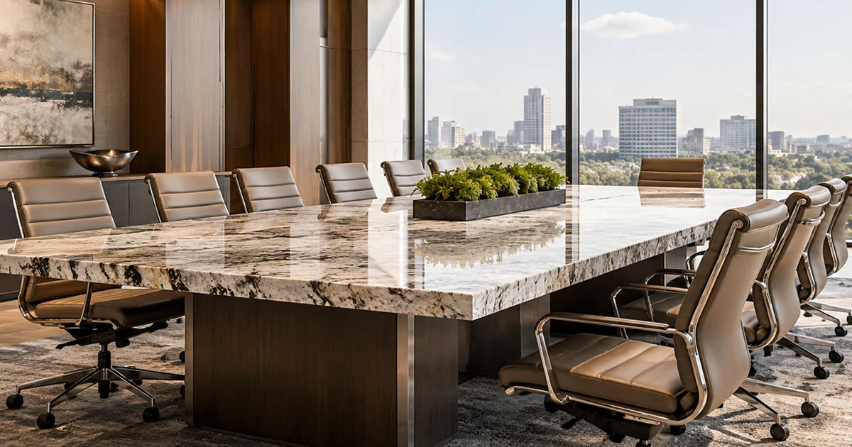 Commercial interior with custom stone surfaces and refined architectural finishes