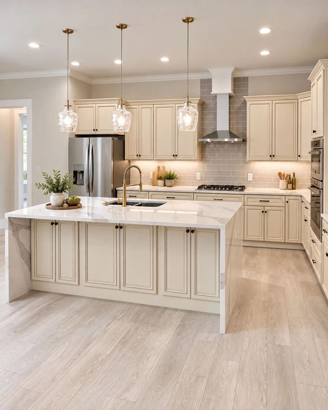 Elegant kitchen with white stone countertops and a central island