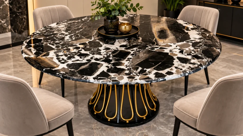 Custom Black Delicatus Marble Table with round polished stone top