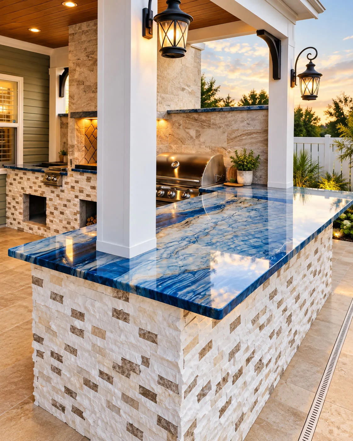 Outdoor kitchen featuring a stone countertop and built-in grill