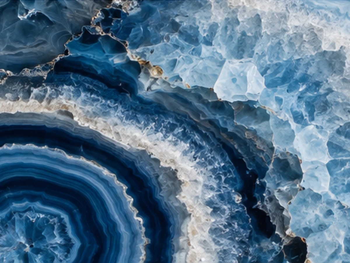 Blue agate with crystalline patterns and layered bands